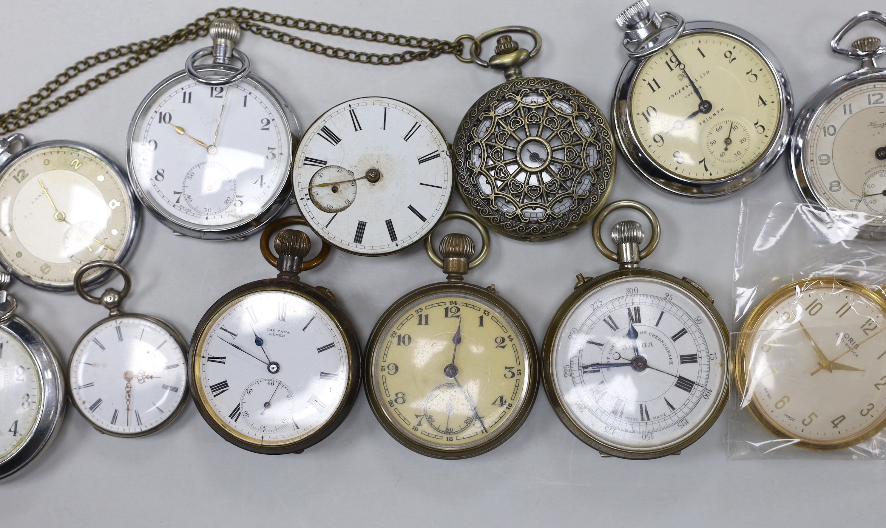 Eighteen assorted base metal pocket watches, including Ingersoll, Lanco and Paragon, some a.f. and a small quantity of assorted watch keys.